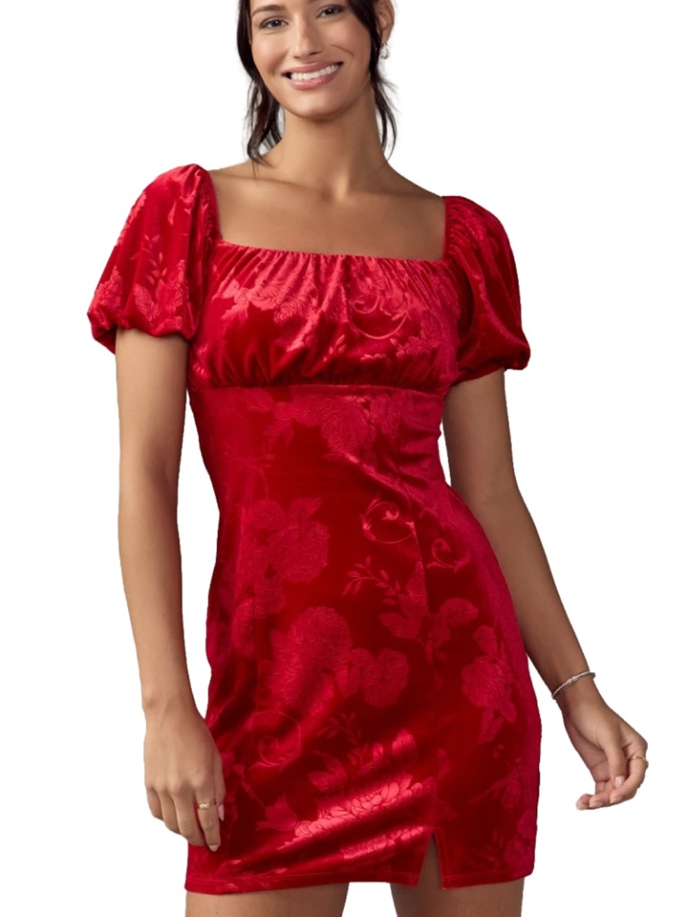 NWT Francesca’s Lois Red Velvet Jacquard Mini Dress XS Floral Puff Sleeve
